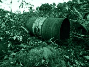 Vecchio barile arrugginito in un bosco, suggestivo di luoghi isolati legati a casi di cronaca nera.
