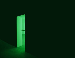 Porta chiusa di un bagno illuminato solo da un fascio di luce che simboleggia il caso di Brent Richard Johnson