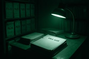 Faldoni polverosi su mensola scura, fascicolo illuminato da lampada fioca, simbolo dei cold case americani risolti tra il 2006 e il 2009.