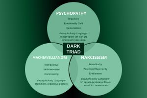 Triangolo con i tre tratti della Dark Triad o Triade oscura: narcisismo, machiavellismo, psicopatia