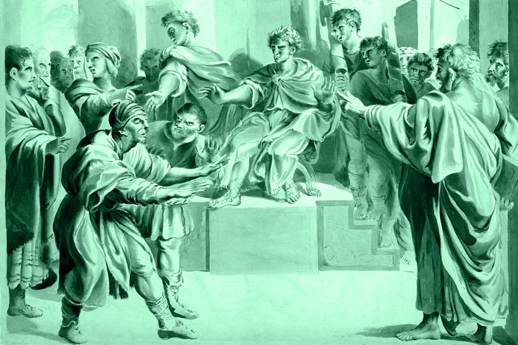 Dipinto antico che simboleggia discussioni e caos che possono precede o seguire omicidi politici che hanno cambiato la storia.