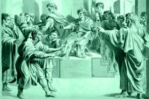 Dipinto antico che simboleggia discussioni e caos che possono precede o seguire omicidi politici che hanno cambiato la storia.