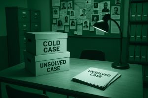 Tavolo sul quale sono poggiati fascicoli di cold case che simboleggiano i casi riaperti e risolti con il DNA tra il 2001 e il 2005.