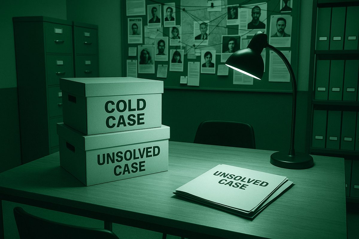 Tavolo sul quale sono poggiati fascicoli di cold case che simboleggiano i casi riaperti e risolti con il DNA tra il 2001 e il 2005.