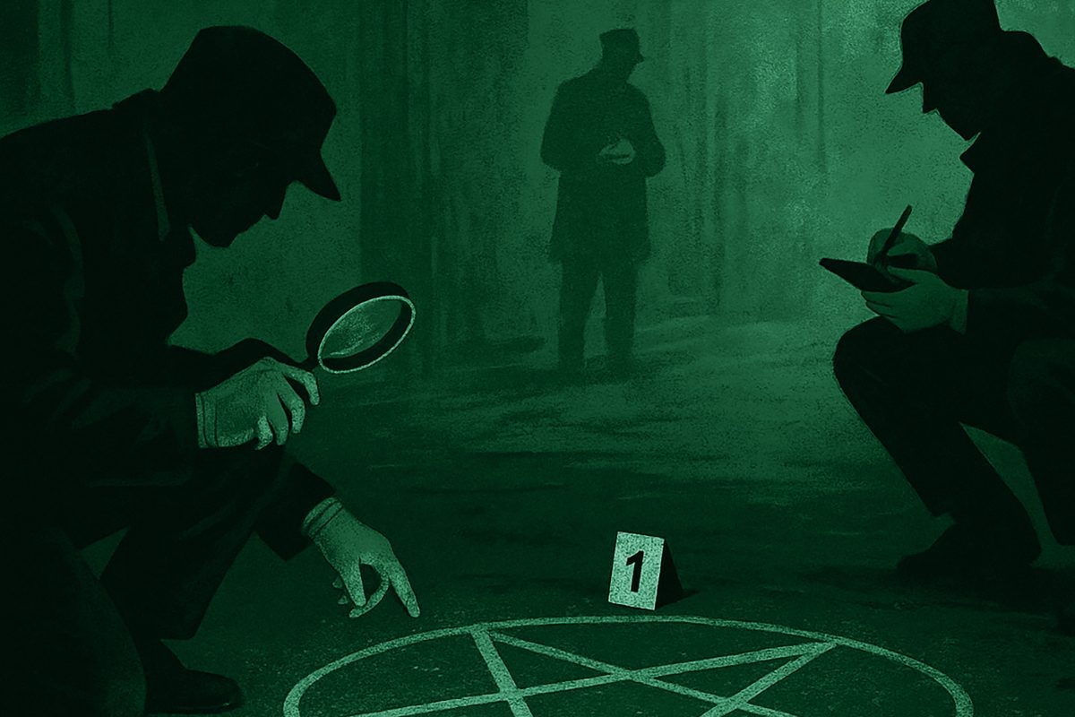 Investigatori con guanti analizzano un simbolo rituale su una scena del crimine in cerca della firma di un serial killer.