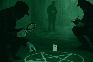 Investigatori con guanti analizzano un simbolo rituale su una scena del crimine in cerca della firma di un serial killer.