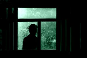 Ombra umana osserva dalla finestra socchiusa: simbolo del voyeurismo come intrusione nell’intimità altrui.